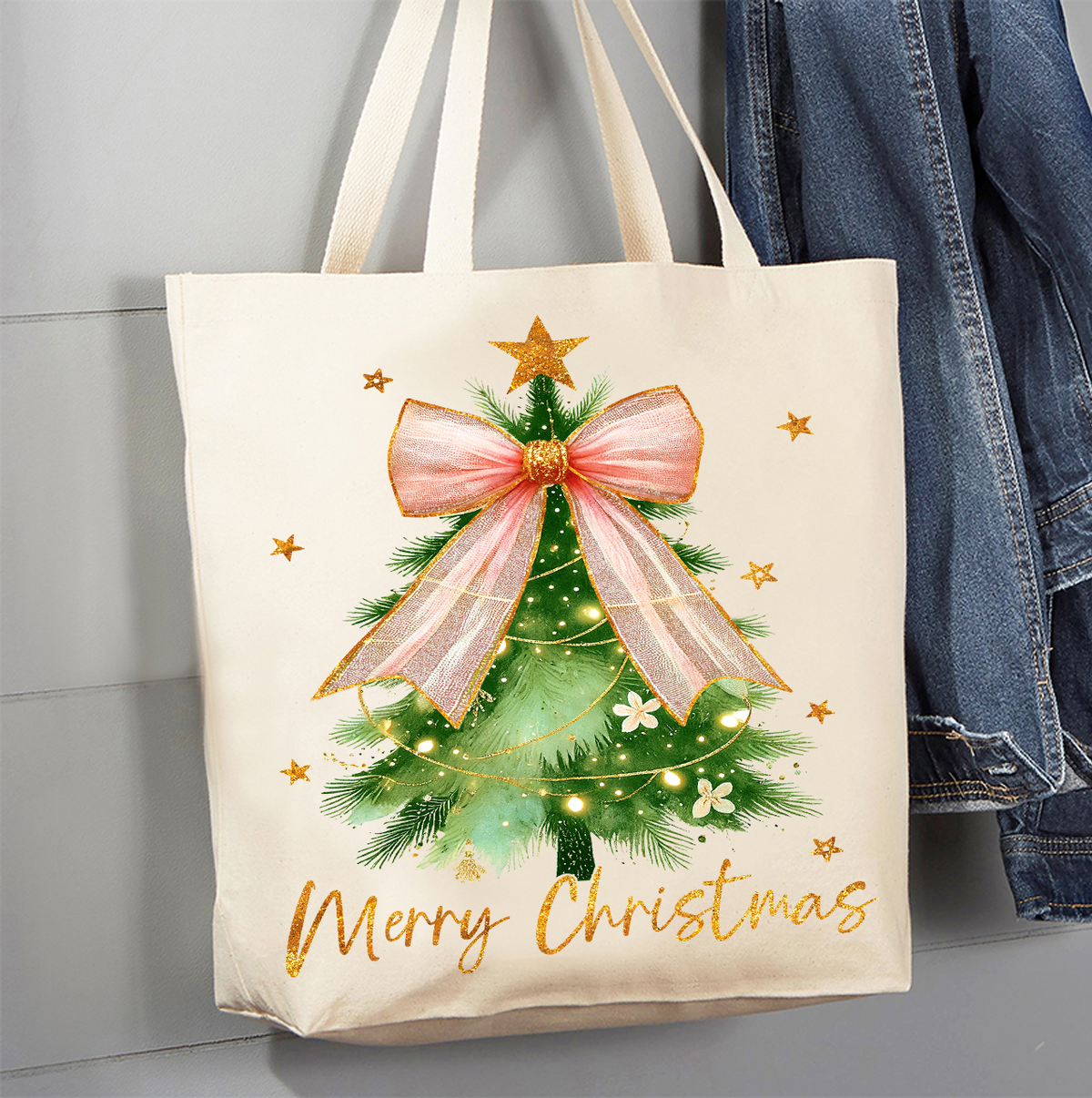 Merry Christmas tree Bow Gold Canvas Tote Bag
