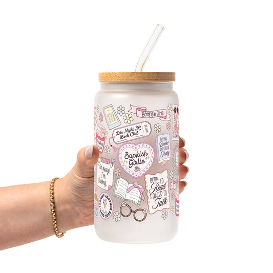 Bookish Girly Glass Can Tumbler with Bamboo Lid and Straw