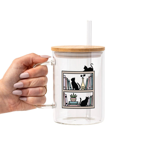 Shelf Cats Glass Can Tumbler with Bamboo Lid and Straw