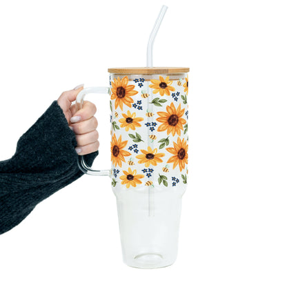 Sunflower With Bees Glass Cup, Mug & Tumbler
