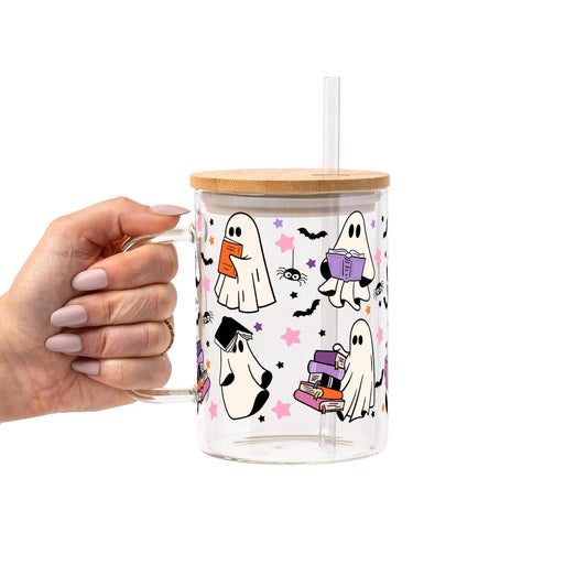 Ghosts and Books Glass Cup, Mug & Tumbler with Lid and Straw