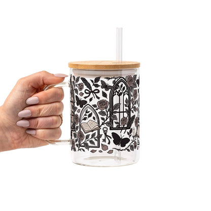Dark Academia Glass Can Tumbler with Bamboo Lid and Straw