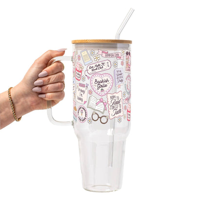 Bookish Girly Glass Can Tumbler with Bamboo Lid and Straw