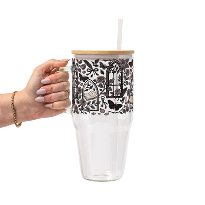 Dark Academia Glass Can Tumbler with Bamboo Lid and Straw