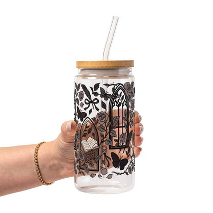 Dark Academia Glass Can Tumbler with Bamboo Lid and Straw