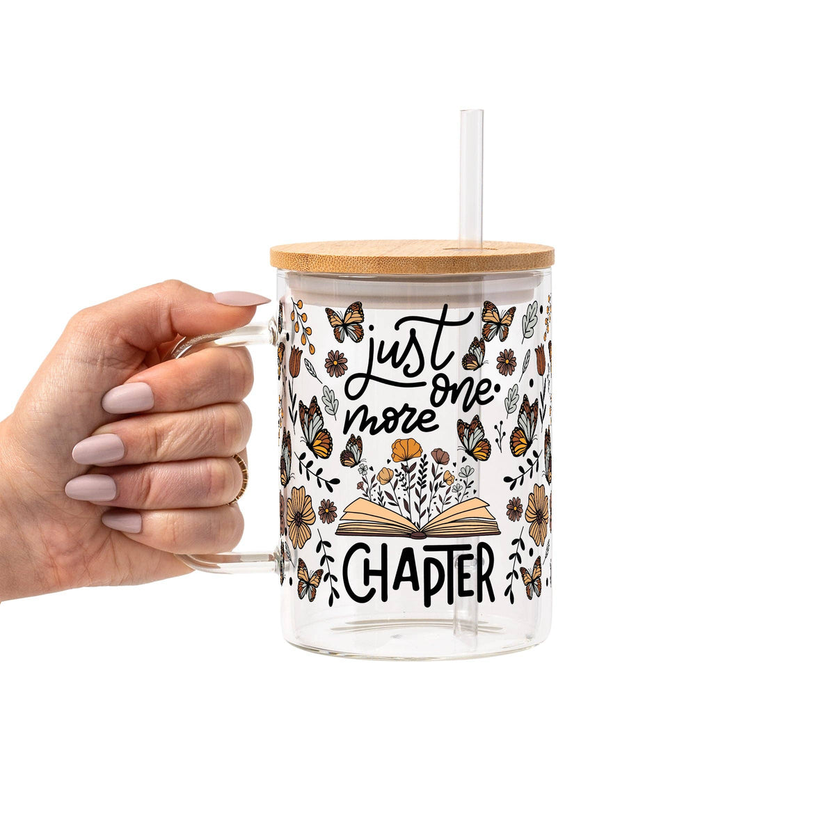 Just One More Chapter Glass Can Tumbler with Bamboo Lid and Straw