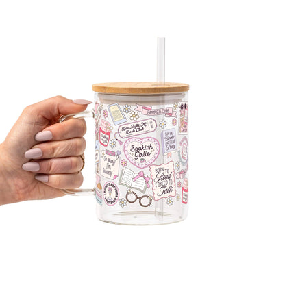 Bookish Girly Glass Can Tumbler with Bamboo Lid and Straw