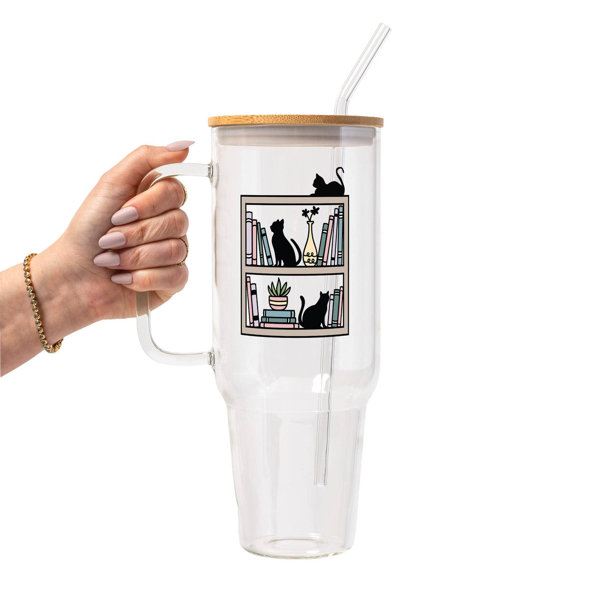 Shelf Cats Glass Can Tumbler with Bamboo Lid and Straw