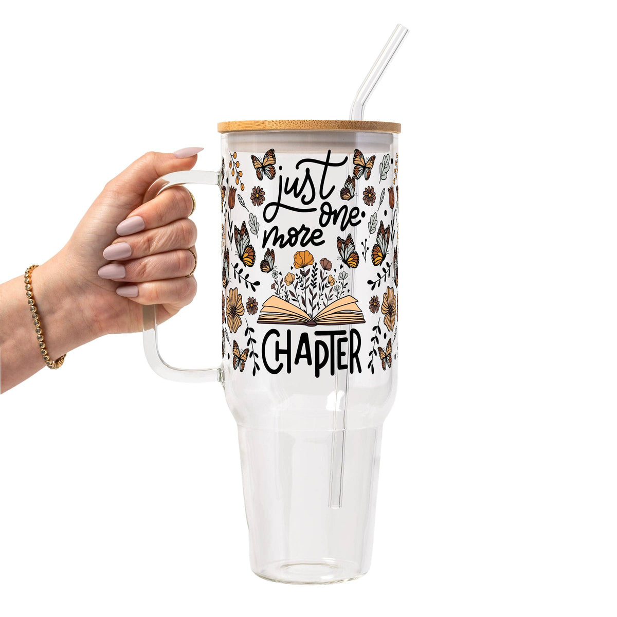 Just One More Chapter Glass Can Tumbler with Bamboo Lid and Straw