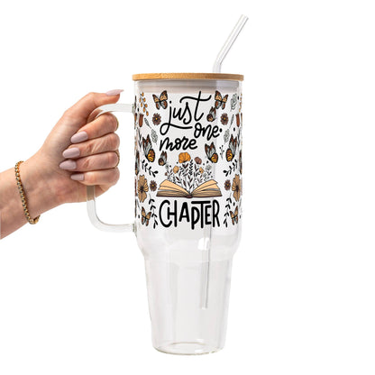 Just One More Chapter Glass Can Tumbler with Bamboo Lid and Straw