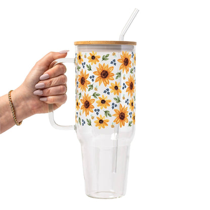 Sunflower With Bees Glass Cup, Mug & Tumbler