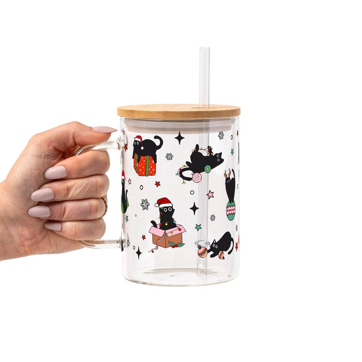 Christmas Cats Glass Cup, Mug & Tumbler with Lid and Straw