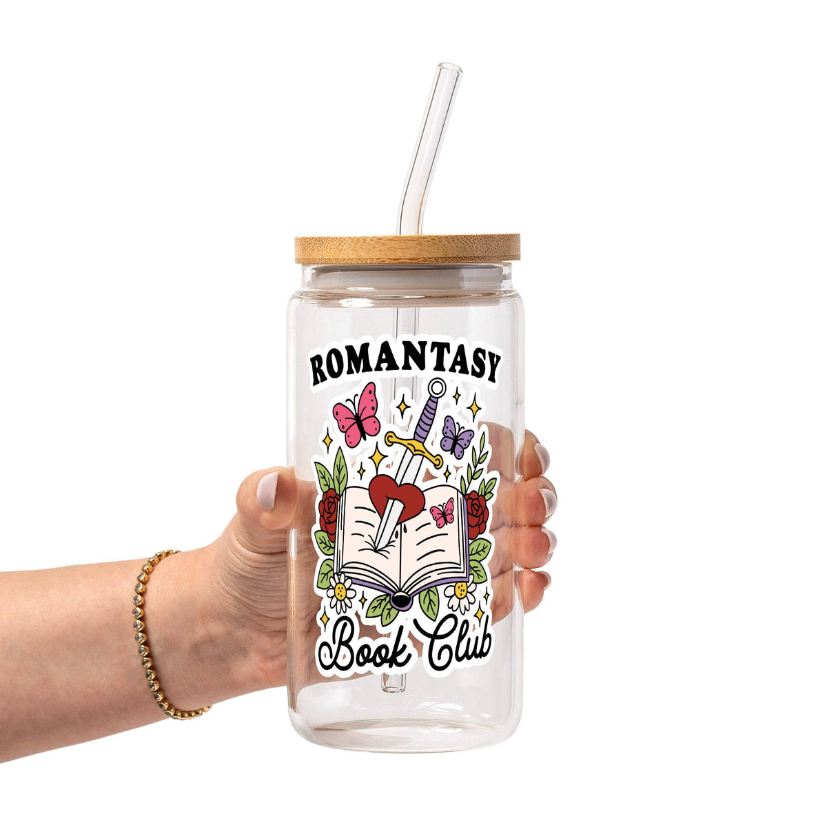 Romantasy Glass Can Tumbler with Bamboo Lid and Straw