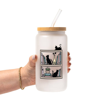 Shelf Cats Glass Can Tumbler with Bamboo Lid and Straw