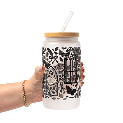 Dark Academia Glass Can Tumbler with Bamboo Lid and Straw