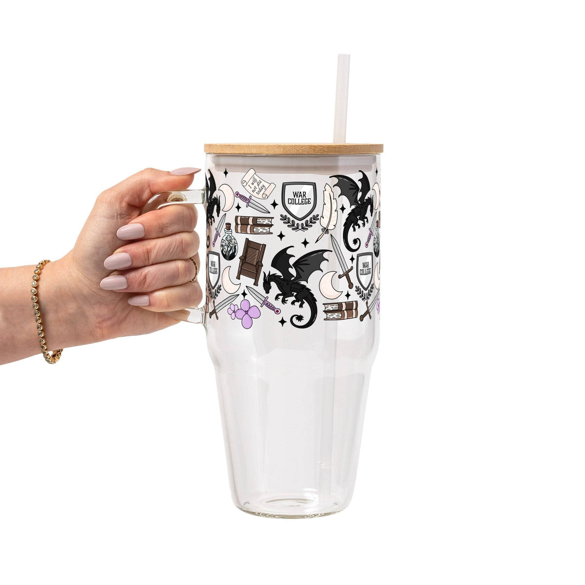 War College Glass Can Tumbler with Bamboo Lid and Straw