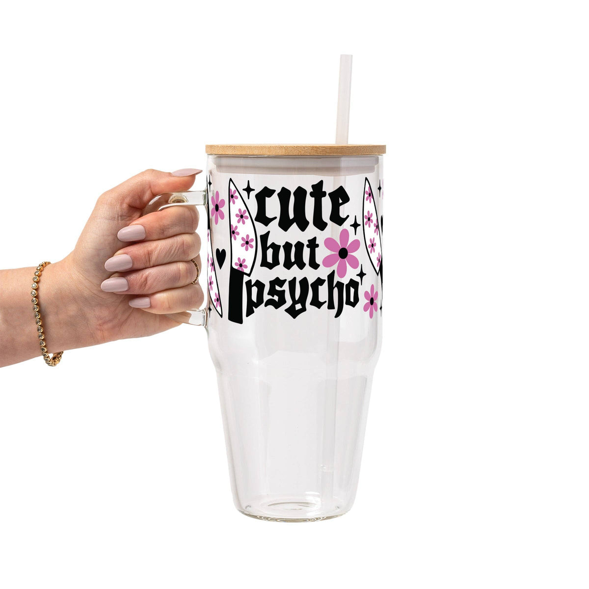 Cute But Psycho Glass Can Tumbler with Bamboo Lid and Straw