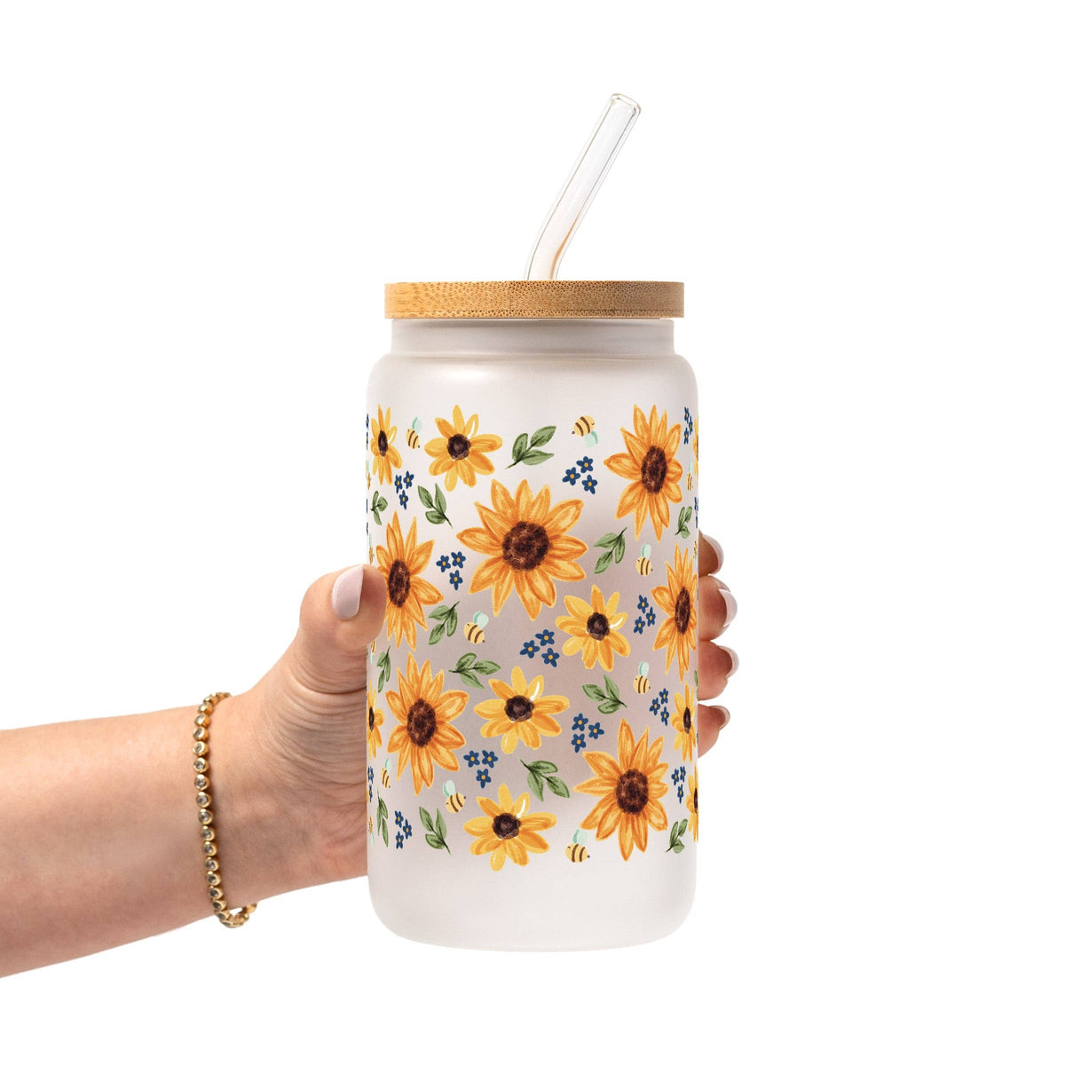 Sunflower With Bees Glass Cup, Mug & Tumbler