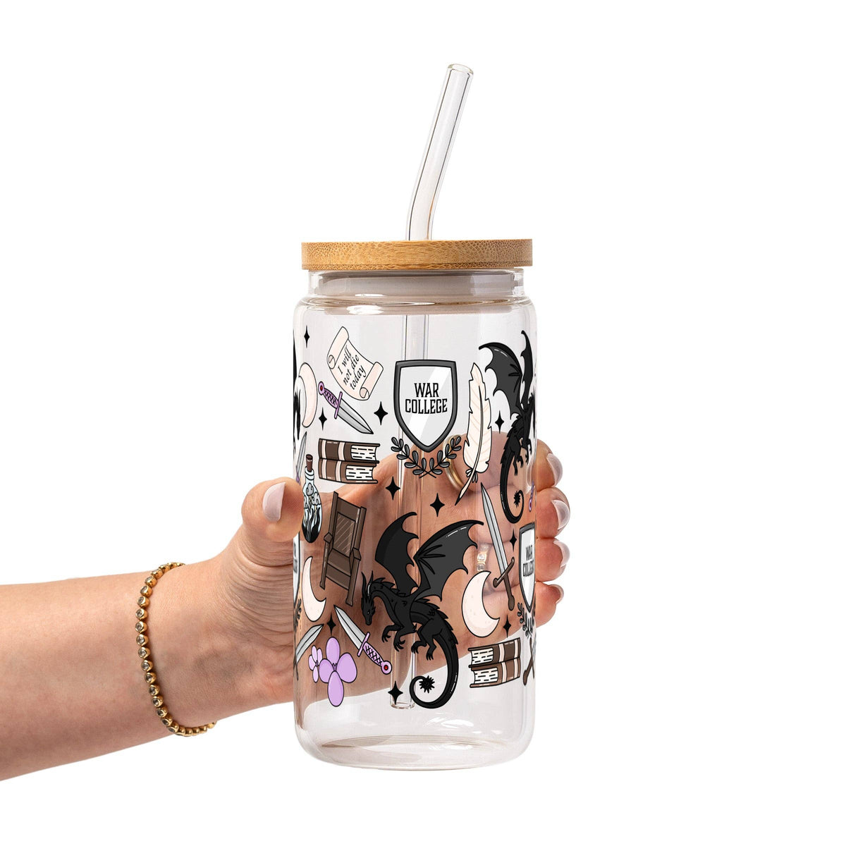 War College Glass Can Tumbler with Bamboo Lid and Straw