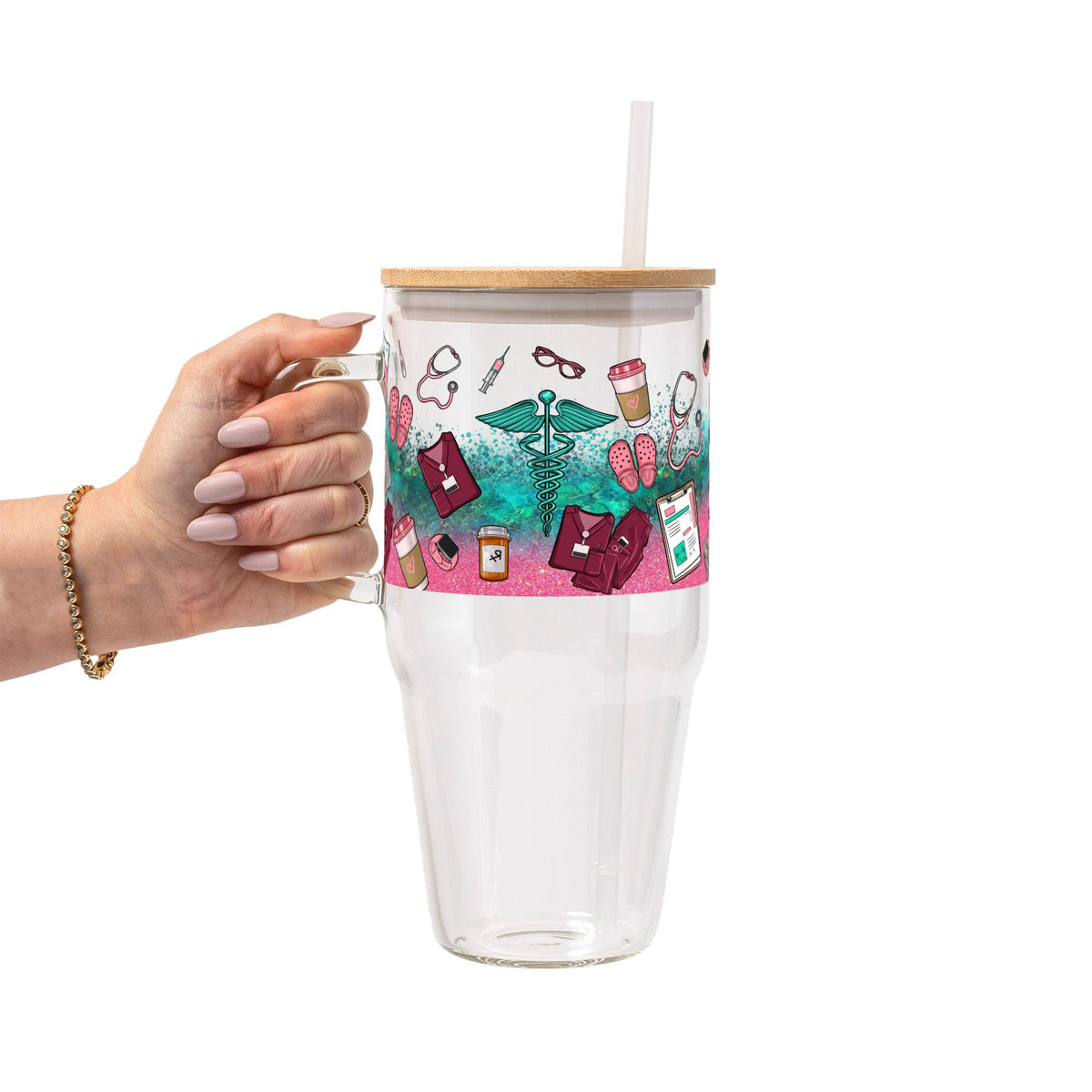 Sips & Scrubs Medical Glass Can Tumbler with Bamboo Lid and Straw