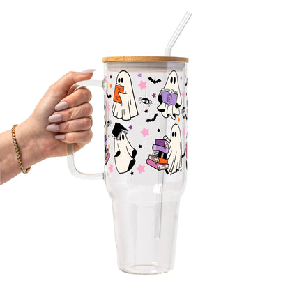 Ghosts and Books Glass Cup, Mug & Tumbler with Lid and Straw