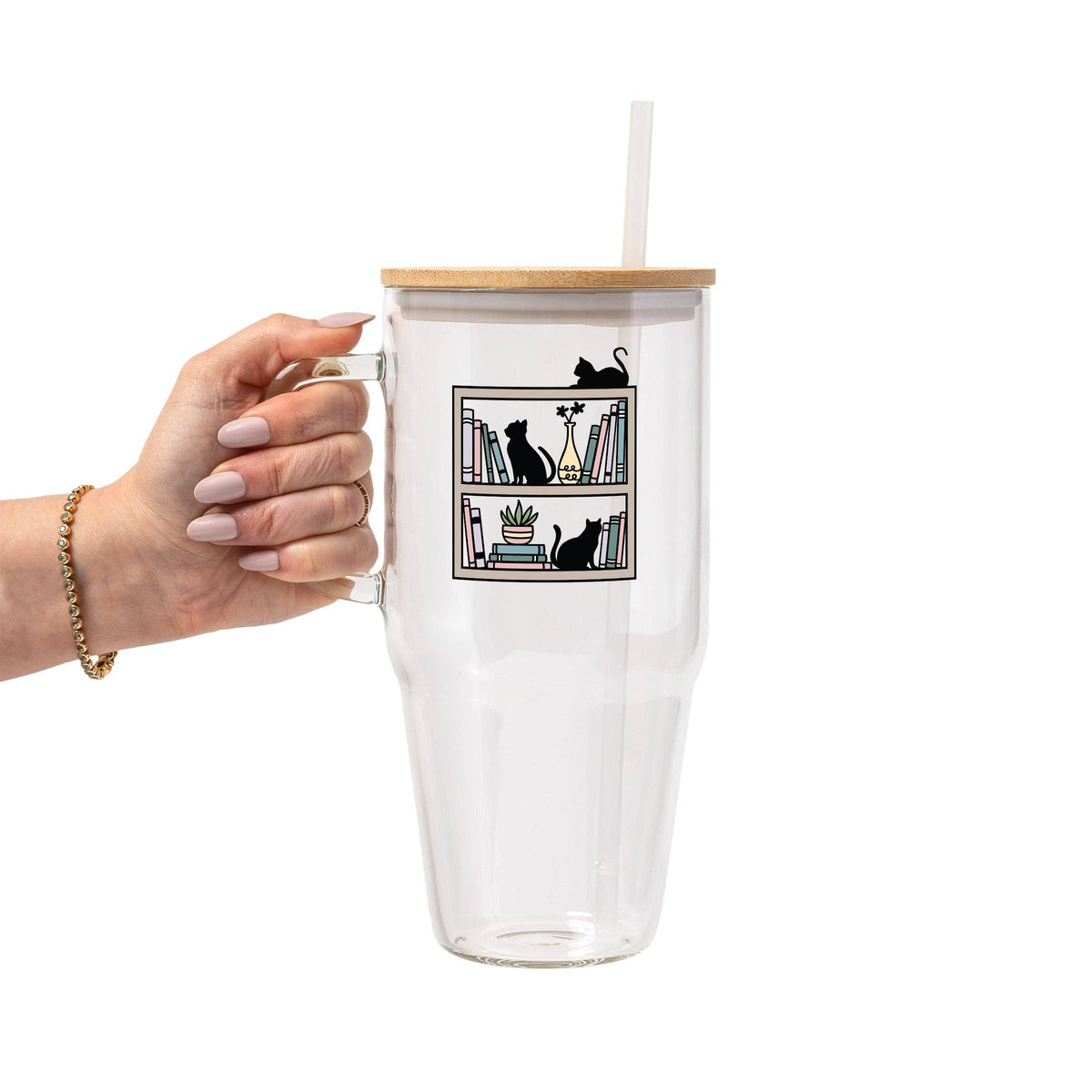 Shelf Cats Glass Can Tumbler with Bamboo Lid and Straw