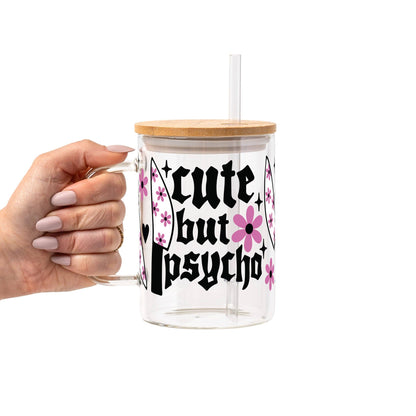 Cute But Psycho Glass Can Tumbler with Bamboo Lid and Straw