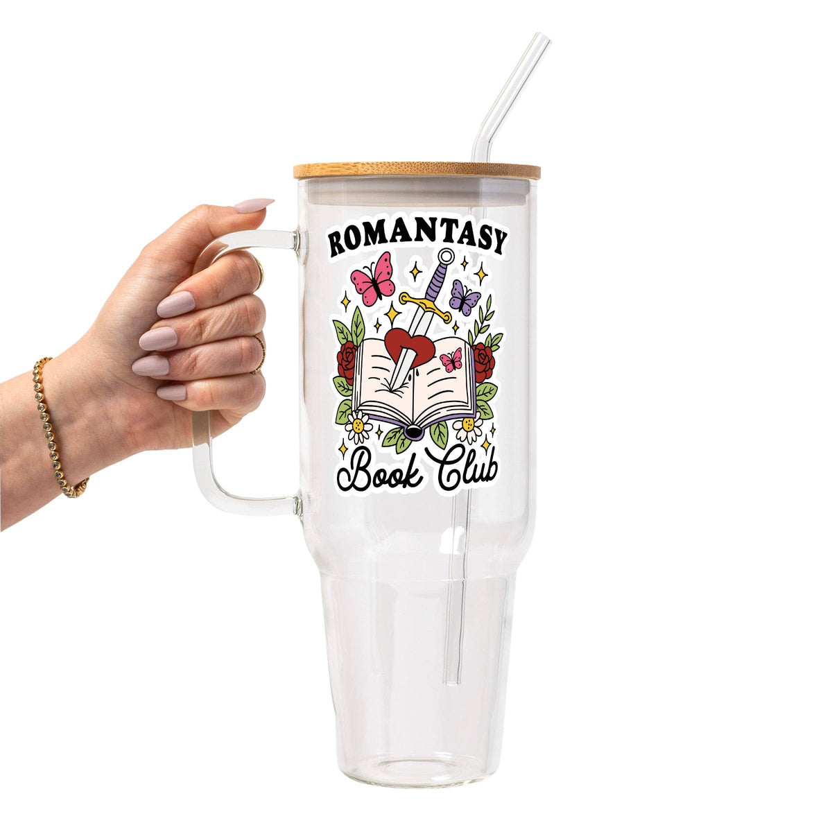 Romantasy Glass Can Tumbler with Bamboo Lid and Straw