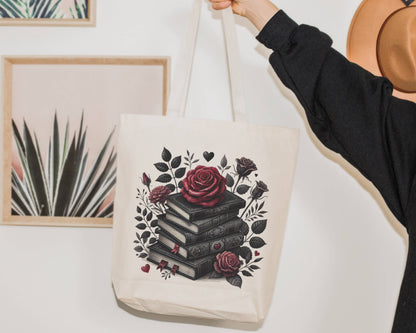 Dark Romantic Roses Book Stack Tote Bag