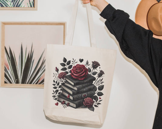 Dark Romantic Roses Book Stack Tote Bag
