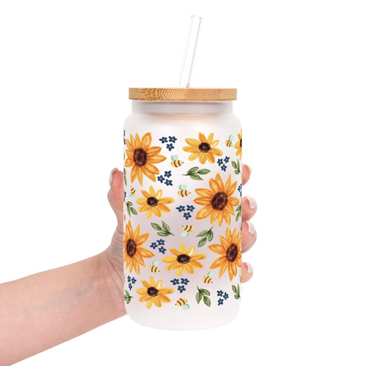 Sunflower With Bees Glass Cup, Mug & Tumbler