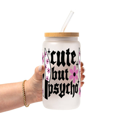 Cute But Psycho Glass Can Tumbler with Bamboo Lid and Straw