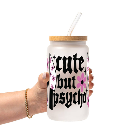 Cute But Psycho Glass Can Tumbler with Bamboo Lid and Straw