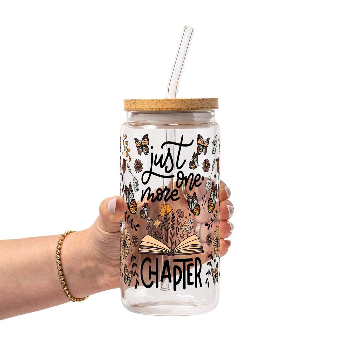 Just One More Chapter Glass Can Tumbler with Bamboo Lid and Straw