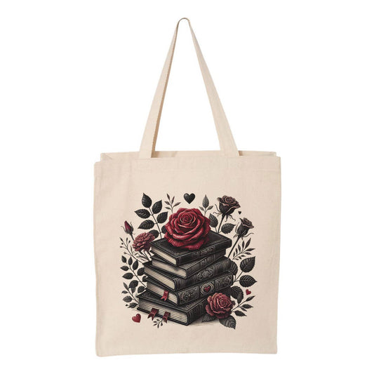 Dark Romantic Roses Book Stack Tote Bag