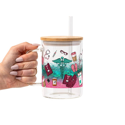 Sips & Scrubs Medical Glass Can Tumbler with Bamboo Lid and Straw