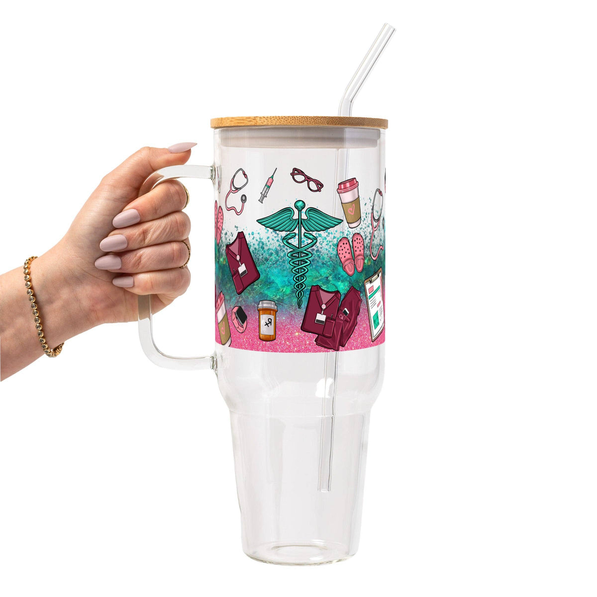 Sips & Scrubs Medical Glass Can Tumbler with Bamboo Lid and Straw