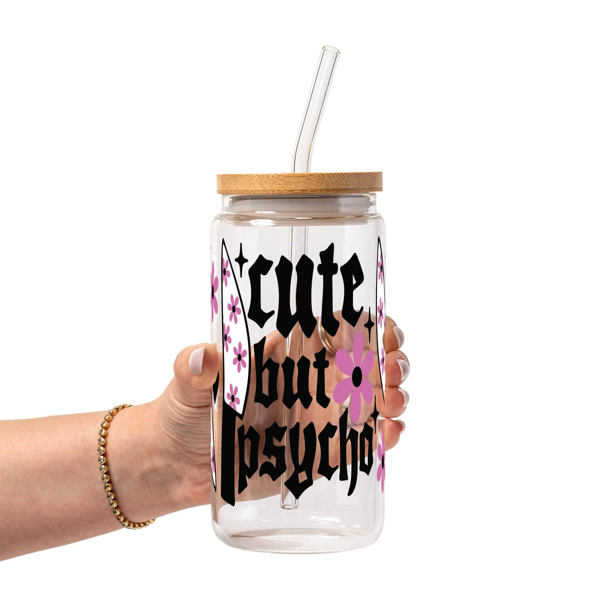 Cute But Psycho Glass Can Tumbler with Bamboo Lid and Straw