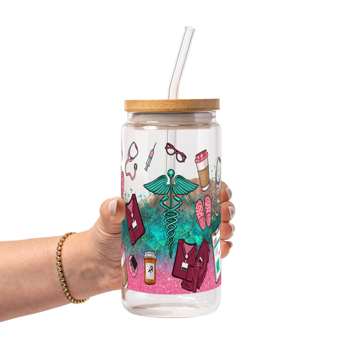 Sips & Scrubs Medical Glass Can Tumbler with Bamboo Lid and Straw