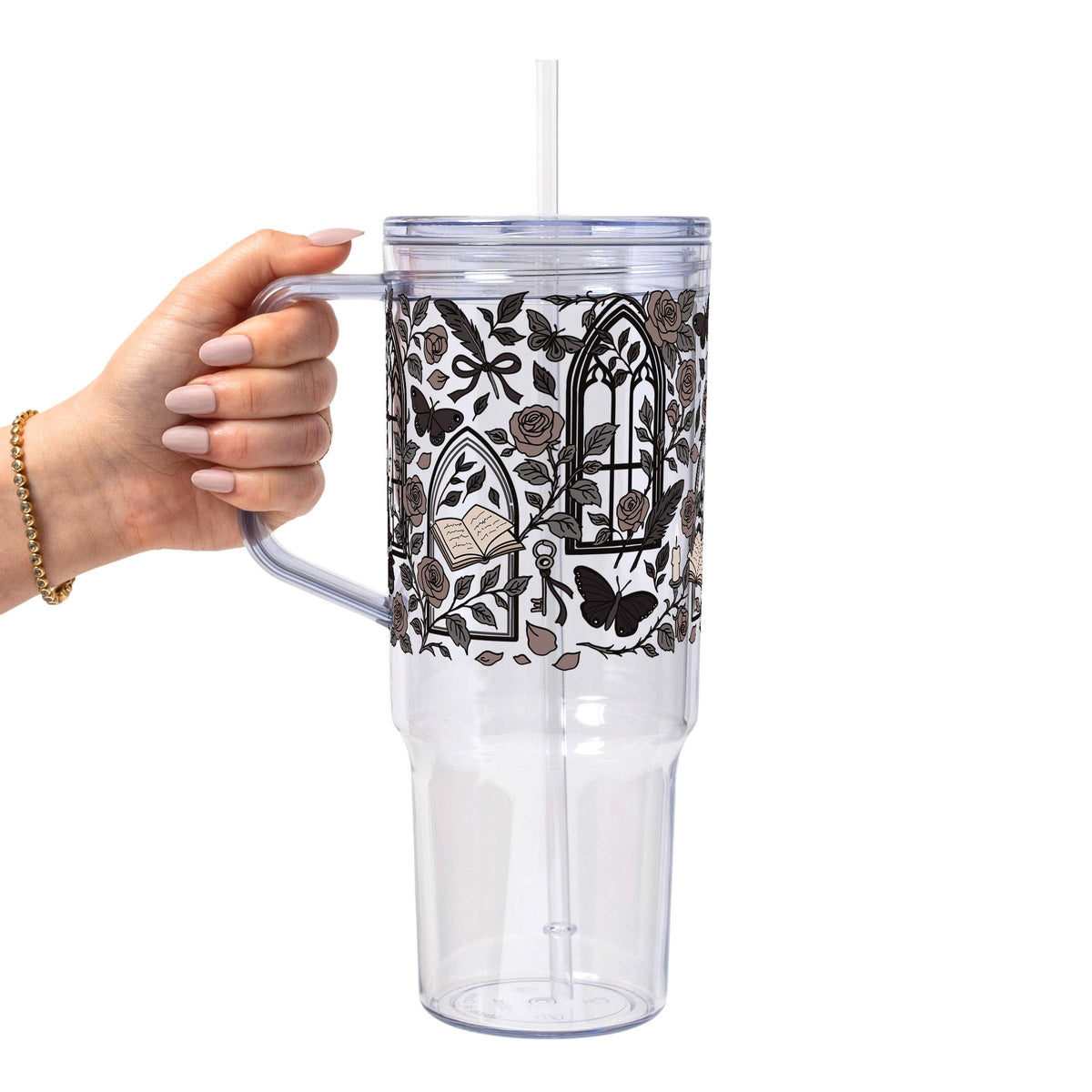 Dark Academia Glass Can Tumbler with Bamboo Lid and Straw