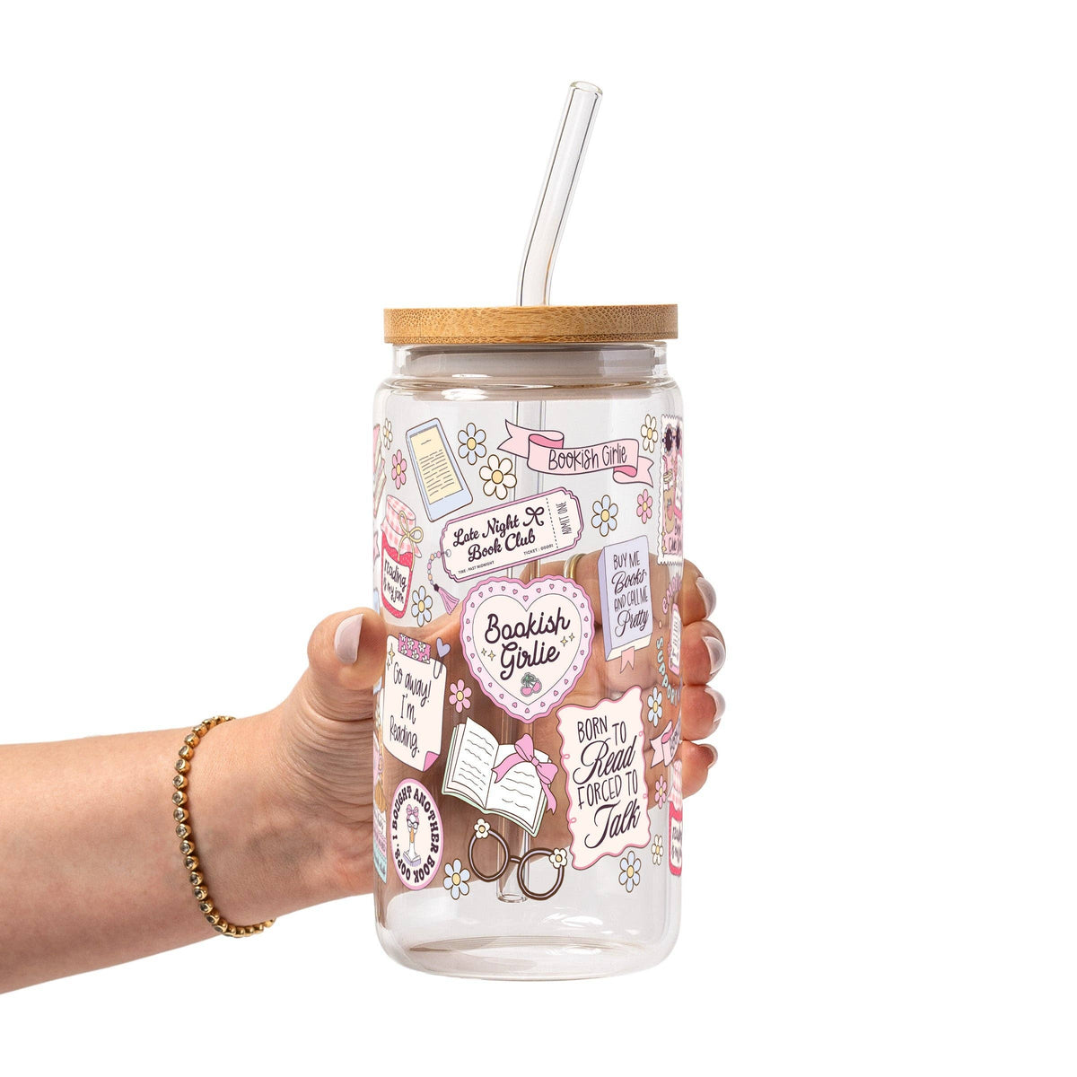 Bookish Girly Glass Can Tumbler with Bamboo Lid and Straw