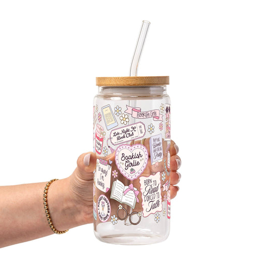 Bookish Girly Glass Can Tumbler with Bamboo Lid and Straw