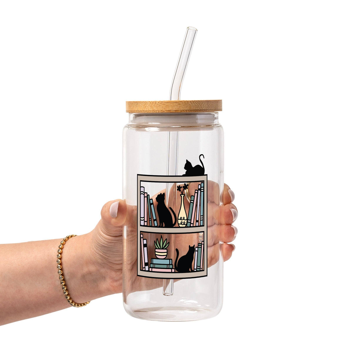 Shelf Cats Glass Can Tumbler with Bamboo Lid and Straw