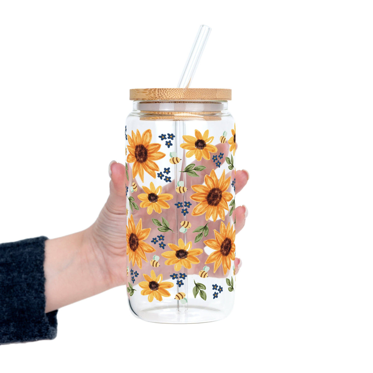 Sunflower With Bees Glass Cup, Mug & Tumbler