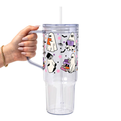 Ghosts and Books Glass Cup, Mug & Tumbler with Lid and Straw