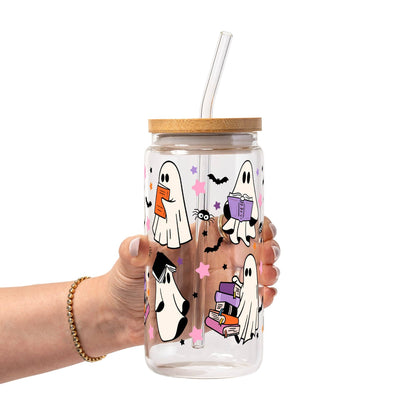 Ghosts and Books Glass Cup, Mug & Tumbler with Lid and Straw