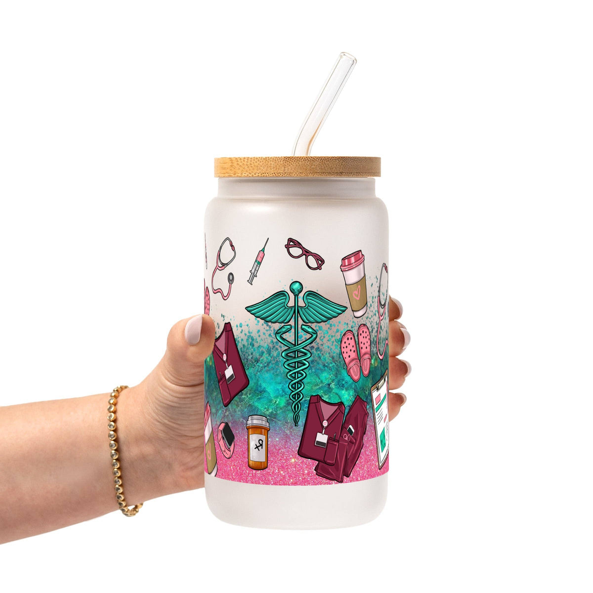 Sips & Scrubs Medical Glass Can Tumbler with Bamboo Lid and Straw
