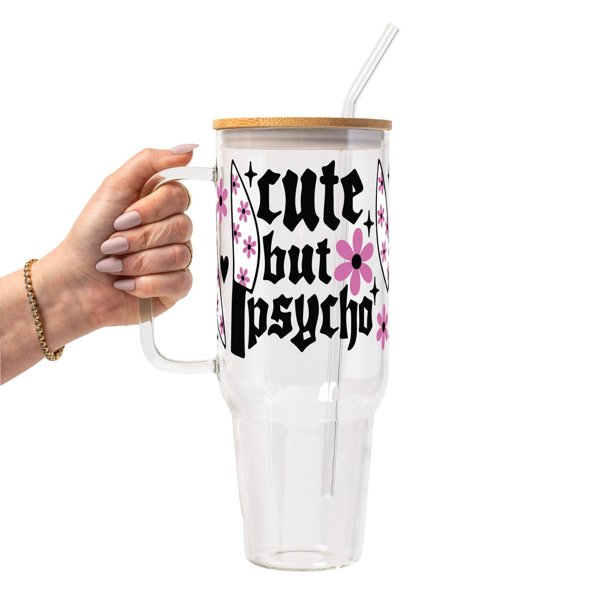 Cute But Psycho Glass Can Tumbler with Bamboo Lid and Straw