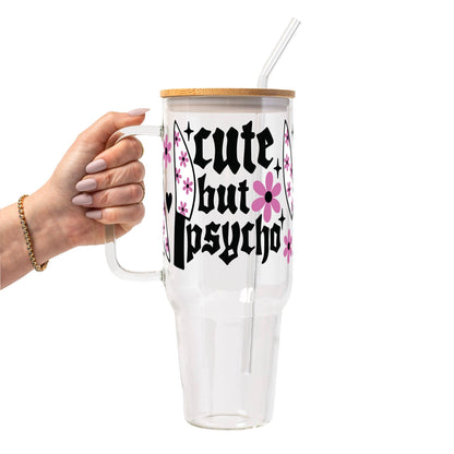 Cute But Psycho Glass Can Tumbler with Bamboo Lid and Straw