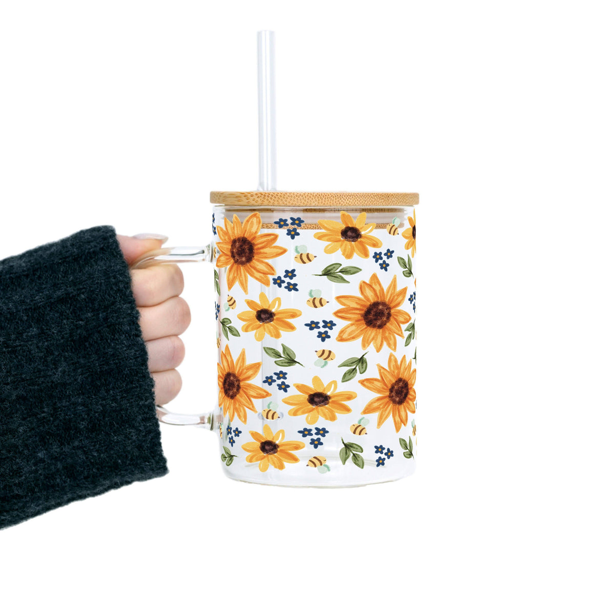 Sunflower With Bees Glass Cup, Mug & Tumbler